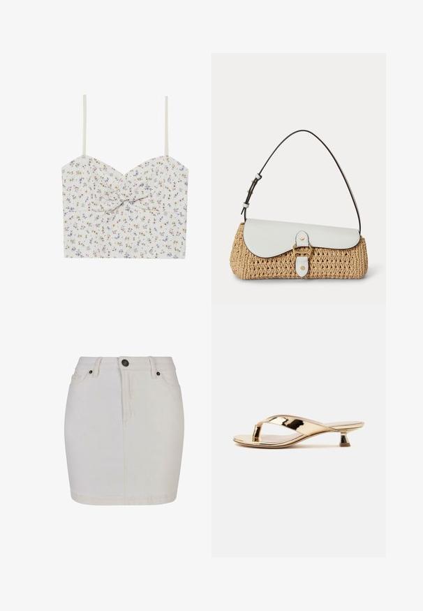 Bloemige crop top met dunne bandjes; witte basis versierd met kleine roze, gele en paarse bloemen; gedraaide voorkant; lichtgewicht stof.; Witte denim minirok met hoge taille, vooraan knopen en rits, riemlussen en twee voorzakken.; Gouden metallic lage hak teensandaal met een slanke, schuine blokhak op een effen witte achtergrond.; Gevlochten strohandtas met witte leren klep, gouden gesp en verstelbare donkerbruine schouderband op een witte achtergrond.