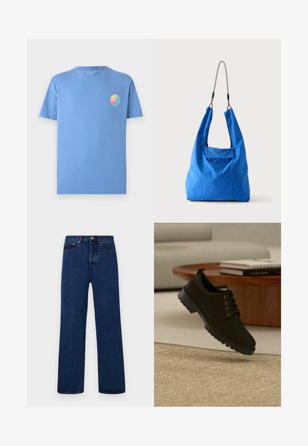 Camiseta de manga corta de color azul claro con un pequeño gráfico redondo de puesta de sol en la playa y ola en el lado izquierdo del pecho.; Vaqueros de mezclilla azul oscuro con corte recto, con costuras naranjas, cierre de botones y dos bolsillos delanteros con remaches en contraste.; Zapato negro de cuero con cordones y suela gruesa flotando sobre una alfombra beige en un salón minimalista.; Bolsa tote de tela suave de color azul brillante con una correa de hombro de cuerda negra y blanca sobre un fondo claro liso.
