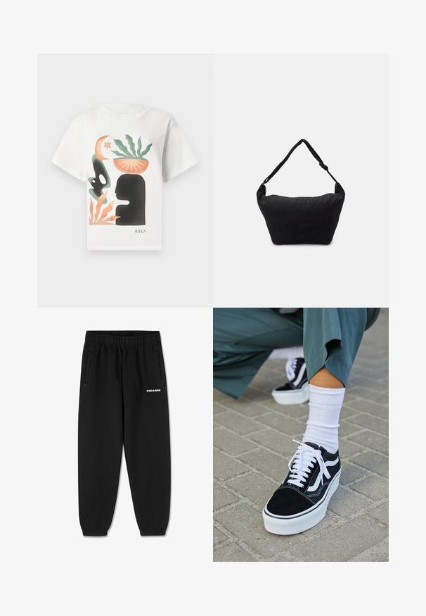 Hvid t-shirt med abstrakt kunst af en sort silhuet af et hoved, en grøn plante i en orange skål på hovedet, orange og grønne former, samt "RVCA" logo.; Sorte sweatpants lavet af blødt stof, med snoretræk i taljen, tætsiddende ben og sidelommer. "PEGADOR" logo i hvid på fronten.; Sorte ruskinds sneakers med hvide accenter og snørebånd, der har en tyk hvid sål og kontrasterende syninger, parret med en hvid sok.; Sort stof skuldertaske med en blød tekstureret overflade, rund form og en enkelt rem. Minimalistisk design uden synligt hardware eller accenter.