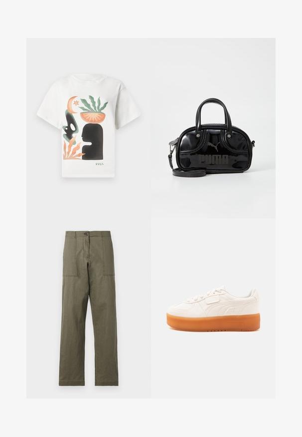 Weißes T-Shirt mit abstrakter Kunst eines schwarzen Schattens eines Kopfes, grüner Pflanze in einer orangefarbenen Schüssel auf dem Kopf, orangefarbenen und grünen Formen sowie "RVCA"-Logo.; Olivgrüne Baumwollhosen mit geradem Bein, zwei großen Seitentaschen und einem Knopfverschluss an der Taille.; Weißer Sneaker mit niedrigem Schaft, Schnür- und Klettverschluss, mit dicker hellbrauner Sohle und dezenten seitlichen Nähten.; Schwarze Lacklederhandtasche mit doppelten Griffen oben, abnehmbarem Schulterriemen, runder Form und hervorgehobenem geprägten "PUMA"-Logo.