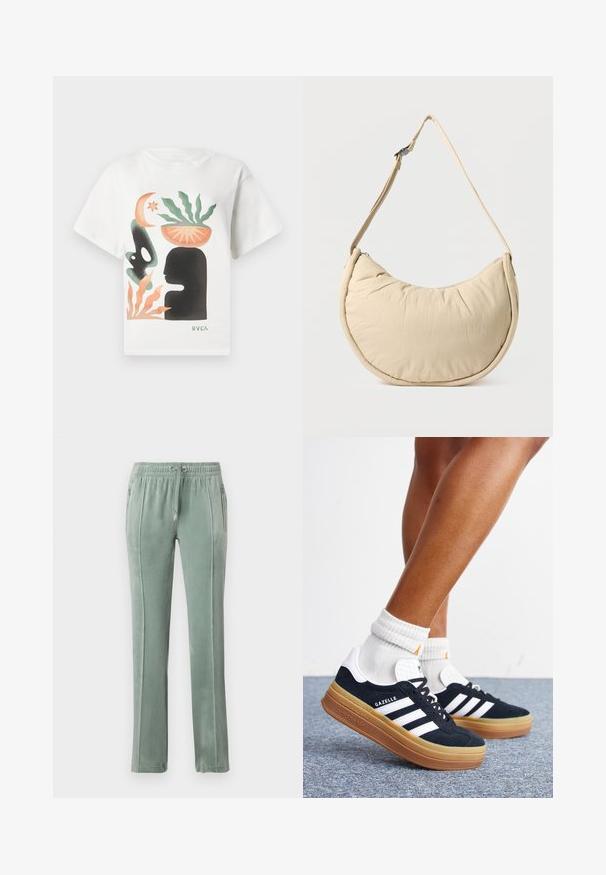 Weißes T-Shirt mit abstrakter Kunst eines schwarzen Schattens eines Kopfes, grüner Pflanze in einer orangefarbenen Schüssel auf dem Kopf, orangefarbenen und grünen Formen sowie "RVCA"-Logo.; Samtige Jogginghosen in gedämpftem Grün, mit einem elastischen Bund mit Kordelzügen, seitlichen Taschen und kontrastierenden vertikalen Nahtdetails.; Beine mit weißen Socken und schwarzen Adidas Gazelle Sneakers mit weißen Streifen und dicken braunen Sohlen auf einem grauen Teppichboden.; Beige Halbmond-Schultertasche mit weicher, gepolsterter Textur. Verfügt über einen verstellbaren Riemen und einen Reißverschluss entlang der oberen Kante.