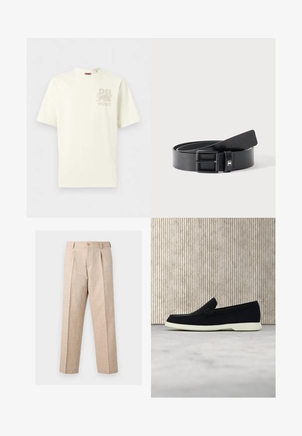 Camiseta de manga corta color blanco hueso con un pequeño gráfico beige de un toro, las letras dobles "RR" y el texto "HUGO" en el pecho izquierdo.; Pantalones beige de pierna recta con pliegues, cierre de botón, trabillas para cinturón y un corte entallado.; Zapato negro sin cordones con puntera redondeada, que presenta una parte superior texturizada, suela blanca lisa y un discreto detalle de marca en el lateral.; Cinturón de cuero negro con hebilla metálica negra mate, ligeramente enrollado con el extremo de la correa apoyado sobre una superficie blanca.
