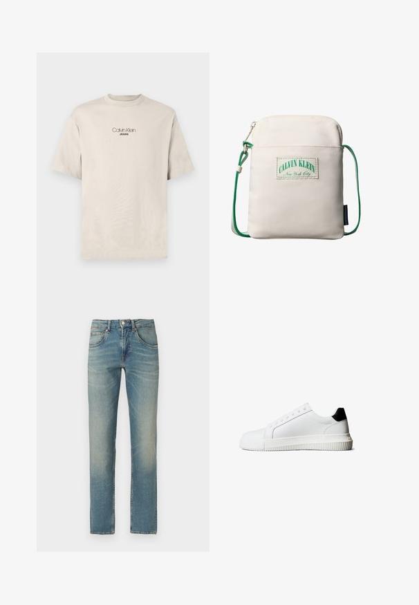 Camiseta de tirantes corta de color beige con el logo "Calvin Klein JEANS" centrado en el pecho.; Vaqueros de mezclilla azul de pierna recta con lavado desgastado, cinco bolsillos y cierre de botón sobre fondo blanco.; Zapatillas de cuero blanco con un detalle en el talón negro, que cuentan con cordones planos, punta redondeada y una suela de goma acanalada para mejor agarre.; Bolso pequeño beige de bandolera con correa ajustable de cuerda verde, un bolsillo frontal con cremallera y un parche con el logo de Calvin Klein New York City.
