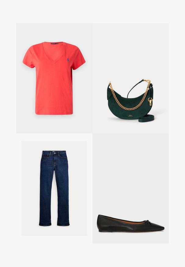 Rød kortærmet V-udskæring poloshirt med lille blåt broderet logo på venstre bryst.; Mørkeblå straight-leg jeans med frontknap og lynlås, fem-lomme design og synlige syninger.; Sorte læderballetflade med spids tå, slank silhuet og en lille sløjfedetalje på forsiden. Glat tekstur og minimalistisk design.; Mørkegrøn ruskindshalvmåne håndtaske med guldkæde rem, læder skulderrem og lille gylden Polo af Ralph Lauren-logo.