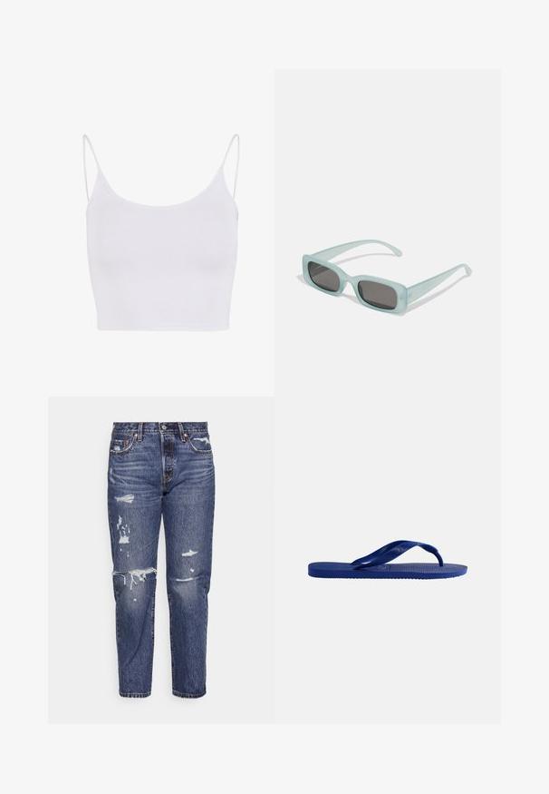 Witte cami-top met dunne verstelbare banden, een aansluitend ontwerp en een gladde, rekbare textuur zonder patronen of versieringen.; Blauwe denim jeans met een relaxte pasvorm, voorzien van versleten plekken en rafelige zooms. Klassiek 5-pocket ontwerp met metalen hardware accenten.; Enkele blauwe teenslipper met gestructureerde zool en Y-vormige band, zijaanzicht op een effen witte achtergrond.; Een paar rechthoekige zonnebrillen met lichtblauwe doorzichtige monturen en donkergrijze glazen, met rechte pootjes en minimale hardwaredetails.