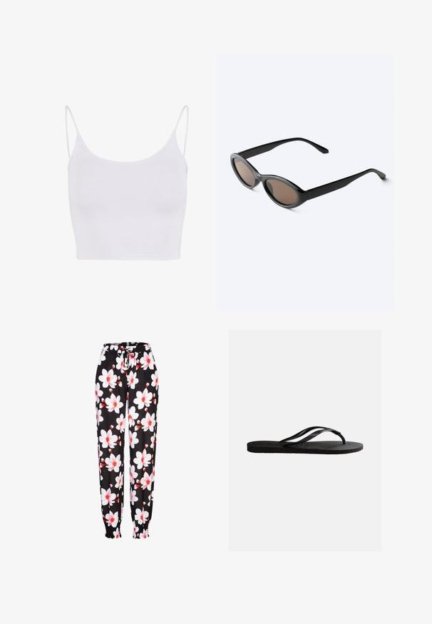 Camiseta sin mangas blanca con tirantes delgados ajustables, un diseño ceñido y una textura suave y elástica sin patrones ni adornos.; Pantalones de tela negra con patrón floral en blanco y rojo, con cintura elástica y cordón ajustable, y puños fruncidos. Material ligero.; Chancla negra de goma con plantilla texturizada y finas correas en forma de Y sobre un fondo blanco liso.; Gafas de sol negras con montura ovalada y lentes tintadas oscuras, mostradas en un ángulo ligero sobre una superficie blanca.