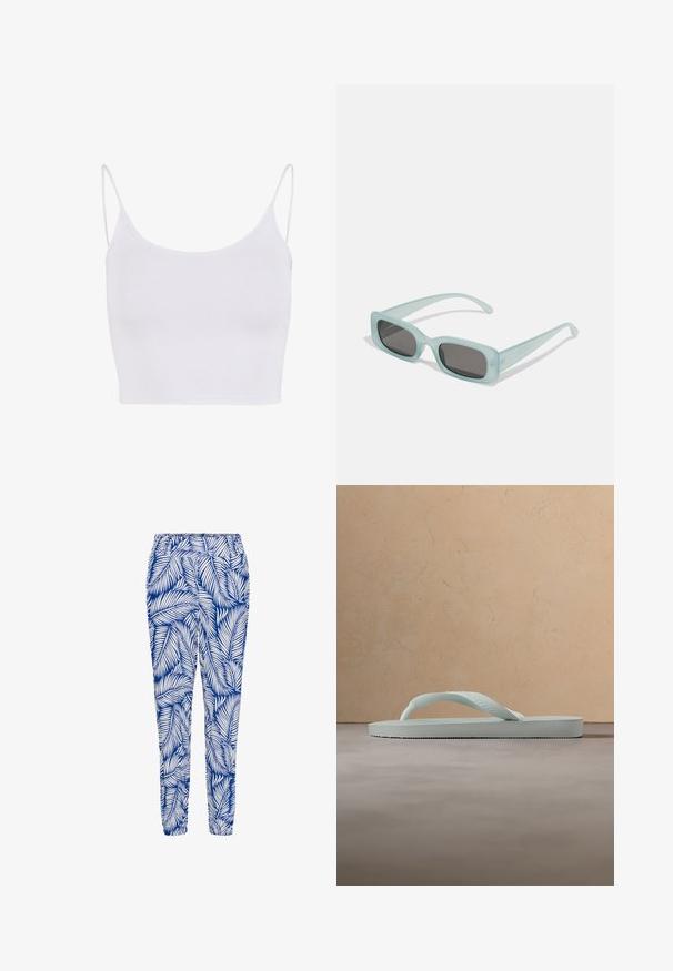 Haut camisolé blanc avec de fines bretelles réglables, une coupe ajustée et une texture lisse et extensible sans motifs ni embellissements.; Pantalon bleu et blanc à motif featuring un design de feuilles, taille élastique et bas resserrés, fabriqué dans un tissu léger et respirant.; Tongue en caoutchouc beige clair unique avec semelle texturée et bride en forme de Y sur un fond gris uni.; Une paire de lunettes de soleil rectangulaires avec des montures translucides bleu clair et des verres gris foncé, présentant des branches droites et des détails matériels minimaux.