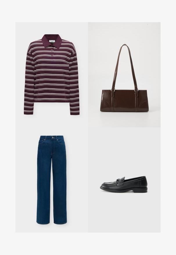 Langærmet vinrød poloshirt med hvide horisontale striber og tre knapper foran, vist på en ensfarvet baggrund.; Mørkeblå straight-leg jeans med forlommer, bæltestropper og knaplukning ved taljen.; Sorte læder loafers med rund tå, en syet design og en sløjfeaccent på overlappen. Lav blokhæl og glat tekstur.; Brun lakeret håndtaske med rektangulær form, to lange håndtag og subtile buede detaljer på fronten.
