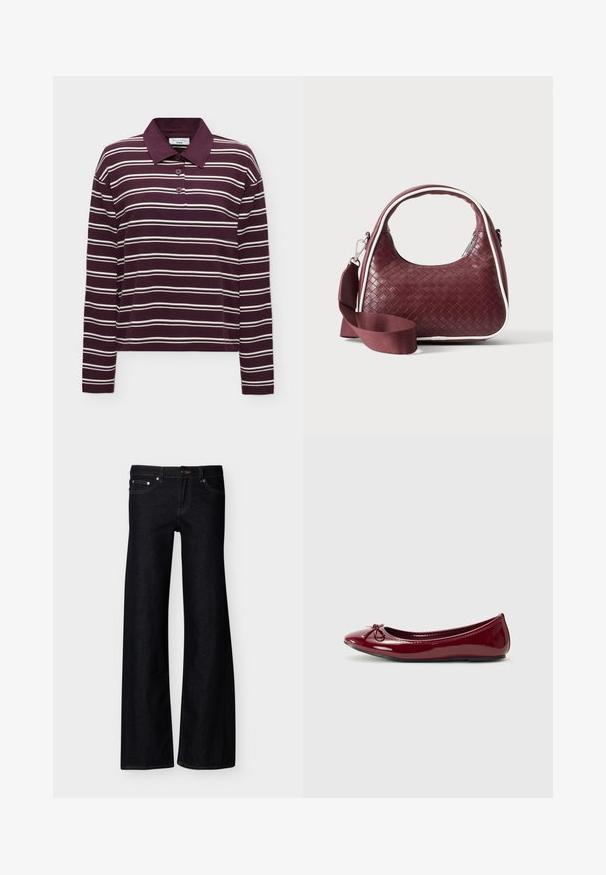 Langärmliges Poloshirt in Weinrot mit weißen horizontalen Streifen und drei Knöpfen vorne, auf einem einfachen Hintergrund dargestellt.; Schwarze Jeans mit weitem Bein, Vordertaschen, Knopfverschluss und sichtbaren Nähten, präsentiert vor einem schlichten weißen Hintergrund.; Balletschuh aus glänzendem burgunderfarbenem Lackleder, mit runder Zehe und kleinem Schleifendetail an der Vorderseite. Glatte Textur, niedriger Absatz.; Dunkelrote gewebte Ledertasche mit gebogenem Griff, weißem Besatz, silbernem Reißverschluss und abnehmbarem breitem Stoff-Schulterriemen vor einfarbigem Hintergrund.