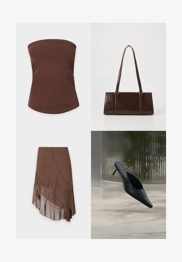 Καφέ strapless top σε σχήμα σωλήνα με λείο ύφασμα και εφαρμοστή γραμμή σε απλό ανοιχτό γκρι φόντο.; Καφέ φούστα με στρώσεις και ροή, με ομαλή επάνω στρώση και διάφανο, υφασμάτινο υπόστρωμα που πέφτει ασύμμετρα.; Μαύρο γυναικείο mule παπούτσι με μυτερή μύτη και λεπτό ψηλό τακούνι που αιωρείται πάνω από λείο σκυρόδεμα, με θολό φόντο με κάθετες ρίγες.; Καφέ πατεντωμένη δερμάτινη τσάντα σε ορθογώνιο σχήμα, με δύο μακριές λαβές και λεπτές καμπύλες λεπτομέρειες στο μπροστινό μέρος.