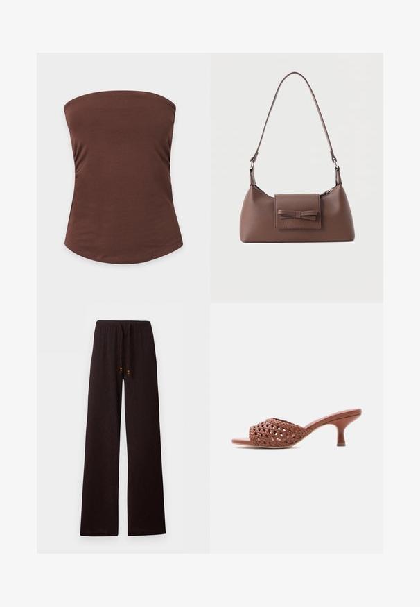 Καφέ strapless top σε σχήμα σωλήνα με λείο ύφασμα και εφαρμοστή γραμμή σε απλό ανοιχτό γκρι φόντο.; Σκούρο καφέ παντελόνι με φαρδιά μπατζάκια, ελαστική μέση και κορδόνι με μικρές ξύλινες χάντρες, τοποθετημένο επίπεδα σε λευκό φόντο.; Καφέ πλεκτό mule ανοιχτής μύτης με μεσαίου ύψους τακούνι kitten και σχεδιασμό slip-on σε λευκό φόντο.; Καφέ δερμάτινη τσάντα ώμου με μπροστινή τσέπη με καπάκι, διακοσμημένη με ραμμένη λεπτομέρεια φιόγκου και ρυθμιζόμενο λουρί.