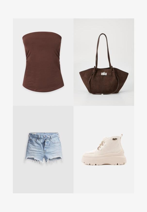 Braunes trägerloses Tubetop aus glattem Stoff mit figurbetonter Passform auf schlichtem hellgrauem Hintergrund.; Hellblaue Jeans-Cut-off-Shorts mit ausgefransten Säumen, fünf Taschen und einem Knopfverschluss. Die Textur ist weich mit einem leicht abgenutzten Aussehen.; Bauchige Plateauboots aus hellbeigem synthetischem Material. Sie verfügen über eine abgerundete Zehenpartie, ein schnürbares Design mit Metallbeschlägen und einem Logo-Akzent.; Braune Wildleder-Tasche mit strukturierter Form, ausgestattet mit einem silbernen Metallverschluss und zwei Schulterriemen. Glatte Textur mit Akzentnähten.
