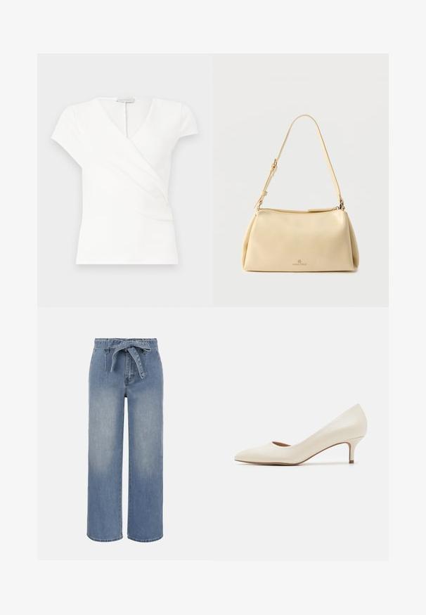 Top blanco de manga corta para mujer con escote en V y diseño cruzado, con sutiles pliegues en la parte delantera.; Vaqueros de pierna ancha de tiro alto en azul claro con cinturón de tela anudado y bolsillos delanteros, con un efecto de lavado ligeramente desteñido.; Zapato de tacón bajo beige con punta afilada y un acabado superior suave y brillante. Presenta un sutil corte a lo largo del arco y un tacón delgado y cónico.; Bolso de hombro beige rectangular con correa ajustable y cierre de cremallera, con un pequeño logo "Anna Field" en el centro frontal.