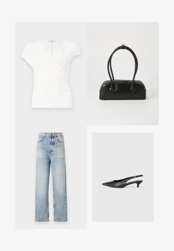 Hvid kortærmet dametop med V-hals og slå-om-design, med diskrete plisseringer foran.; Lyseblå jeans med lige ben, lavet af denim. Har fem lommer, knap-gylp og subtilt slid mange steder.; Sorte spidse slingback-sko lavet af glat læder. Har en tynd hæl og en spænde detalje på den justerbare rem.; Sort læder håndtaske med to langstrakte håndtag, lynlåslukning og afrundet form; glat tekstur med en subtil blank finish.