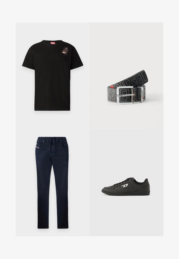 Camiseta de algodón negra de manga corta, que presenta un diseño decorativo de araña en el lado izquierdo del pecho y una etiqueta del logo rojo de Diesel en el cuello.; Pantalones azul marino con cintura ajustable, corte recto, dos bolsillos frontales y un sutil detalle de logo en el bolsillo izquierdo. Textura suave.; Zapatillas deportivas negras sintéticas con suela negra texturizada, puntera redonda y cordones planos negros. Destaca un logo blanco en el lateral exterior.; Cinturón negro Diesel con gran texto de logo en blanco, hebilla rectangular plateada y detalle de la anilla metálica con marca, enrollado sobre un fondo claro.