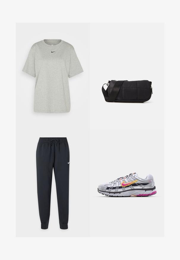 Camiseta de algodón gris con cuello redondo y mangas cortas. Presenta un pequeño logo de Nike en negro en el pecho. Diseño simple y de corte relajado.; Pantalones de chándal negros Nike con cinturilla elástica y cordón, piernas ajustadas, tobillos con puños y pequeño logo blanco de Nike en el muslo derecho.; Zapatilla de running de malla gris con un distintivo swoosh en rosa y amarillo, acentos negros y una suela de goma texturizada. Cuenta con una puntera reforzada y un collar acolchado.; Bolsa acolchada negra con forma cilíndrica, hecha de material suave. Cuenta con una correa negra y accesorios de metal plateado. Cierre con cremallera.
