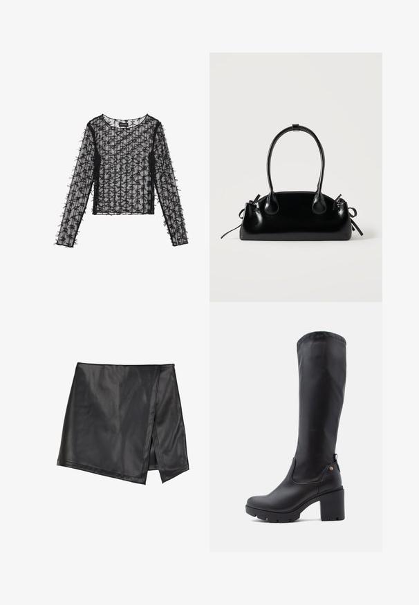 Haut noir transparent à manches longues en matériau texturé, arborant un motif en grille et des nœuds 3D décoratifs le long des manches et du corps.; Even&Odd by Zalando Minijupe - black; Bottes noires montantes en cuir lisse avec un bout carré, un talon épais et une semelle en caoutchouc texturé. Présente un détail de logo discret.; Petit sac à main noir brillant avec deux longues anses et des détails à cordon sur les côtés sur un fond clair uni.