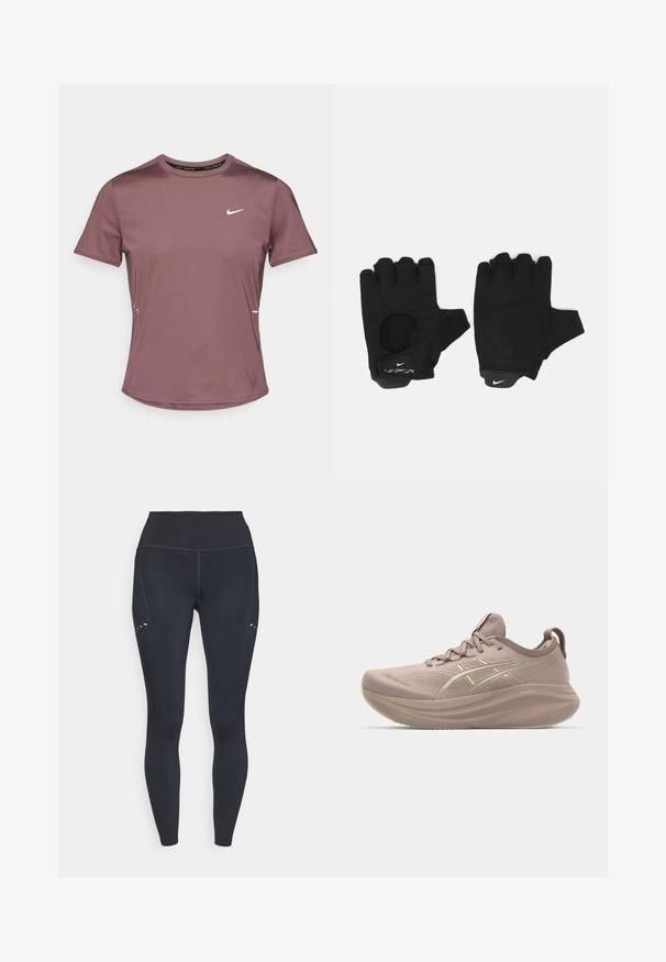 Kortærmet atletisk t-shirt i afdæmpet mauve stof med glat tekstur. Har en lille hvid Nike-logo på brystet og reflekterende detaljer på siderne.; Sorte leggings med høj talje, lavet af strækbart materiale, med diskrete syninger og små udskæringer på den øvre lår.; Lyserød løbesko med et strømlinet design, tekstureret overdel og en puffet sål. Har et logo og et minimalistisk snøresystem.; Sorte fingerløse handsker med et tekstureret design. Lavet af et åndbart materiale, med en tommelfingeråbning og forstærket håndflade for bedre greb.