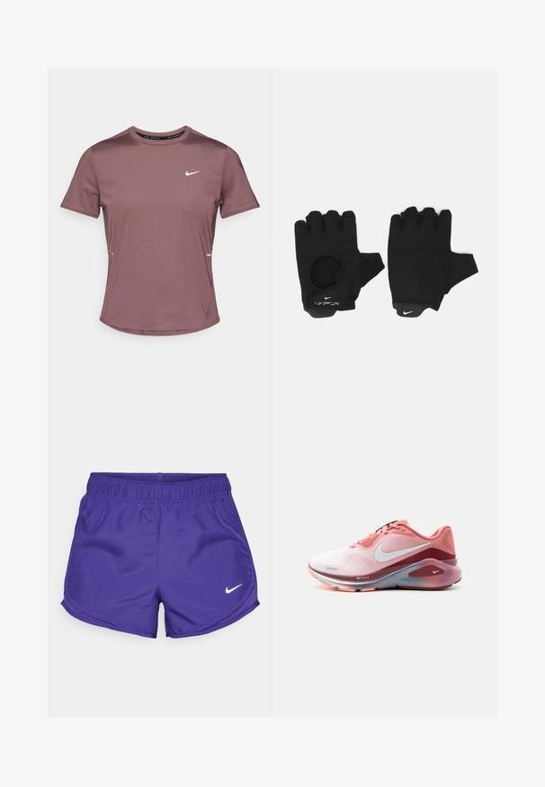 Športové tričko s krátkym rukávom v tlmenom fialovom odtieni s hladkou textúrou. Na hrudi je malý biely logo Nike a po stranách reflektujúce doplnky.; Fialové športové šortky vyrobené z hladkej látky, s elastickým pásom a bielym logom Nike na spodnej pravej strane.; Ružovo-červená bežecká obuv Nike s bielym logom swoosh, polstrovanou podrážkou a sieťovinovým zvrškom, zobrazená z boku na bielom pozadí.; Čierne prstové rukavice bez prstov s textúrovaným dizajnom. Vyrobené z priedušného materiálu, s otvorom na palec a zosilnenou dlaňou pre lepší úchop.