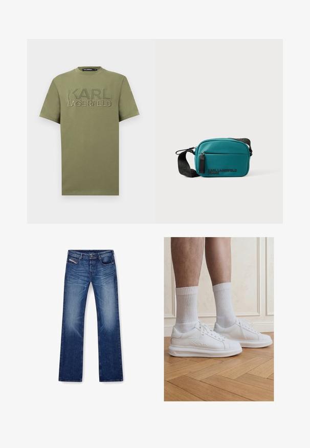 Olivengrøn kortærmet t-shirt med "KARL LAGERFELD" broderet på tværs af brystet og et lille silhuetlogo inde i "K".; Blå denim jeans med en lige ben-design, fem lommer og en tonet syning. Stoffet har en glat tekstur med let lyse effekter.; Ben iført hvide ribstrikkede crew-sokker og hvide Karl Lagerfeld sneakers stående på lyst trægulv.; Blågrøn skuldertaske i blødt stof med en lynlåslomme foran og sort mønstret rem, med teksten "KARL LAGERFELD JEANS" i sort.