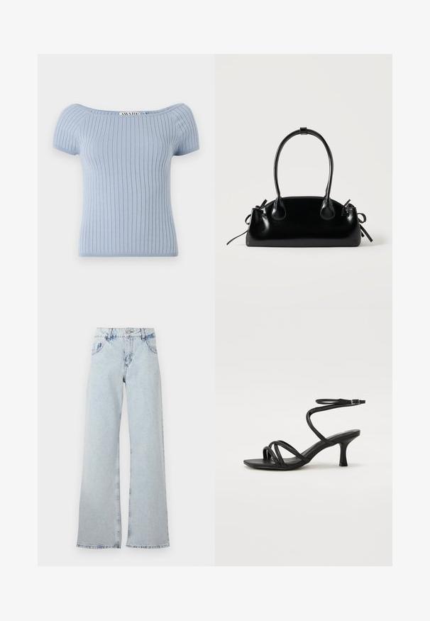Lichtblauw geribbeld gebreid topje met korte pofmouwen en een off-shoulder halslijn. Heeft een getailleerde silhouet en een gladde textuur.; Lichtblauwe wijde jeans van denim, met een hoge taille, riemlussen, vijf zakken en vervaagde gebieden voor een vintage uitstraling.; Even&Odd Wide Fit Sandalen - black; Kleine zwarte glanzende handtas met twee lange hengsels en zijkant trekkoord details op een effen lichte achtergrond.