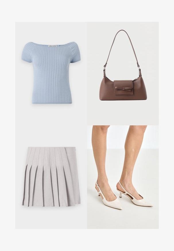 Lyseblå ribbet strikbluse med korte puffærmer og off-shoulder halsudskæring. Har en tætsiddende silhuet og glat tekstur.; Grå plisseret nederdel med en glat tekstur, der har flere lodrette folder og en tætsiddende talje. Fremstillet af letvægtsstof.; Beige patenterede læder slingback hæle med spids tå og 5 cm hæl, med udskårne sider og en tynd ankelrem.; Brun skuldertaske i læder med en frontlomme med klap, der har en sydd sløjfedetalje, og en justerbar rem.