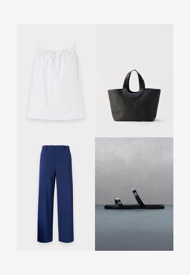 Vestido blanco sin mangas con finas rayas verticales negras y escote fruncido, colocado plano sobre un fondo claro.; Pantalones ajustados de color azul marino, confeccionados en una tela suave, con un diseño de pierna recta, trabillas para cinturón y un cierre frontal con cremallera y gancho.; Sandalia negra tipo chancla con dos tiras brillantes sobre una superficie texturizada de madera y grava al aire libre, cerca de vegetación y una pared de cemento.; Bolsa tote negra texturizada con asas anchas y redondeadas que presenta el nombre de la marca en relieve "Samsøe Samsøe" sobre un fondo neutro.