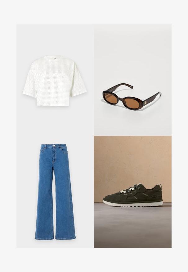 Hvid cropped t-shirt med korte ærmer, der har et perforeret design med små huller i stoffet for ventilation.; Bredde ben blå denim jeans med høj talje, frontlommer og knaplukning. Stoffet har en glat tekstur og et klassisk syningsmønster.; Mørkegrøn sneaker med øvre del i tekstureret ruskind, hvid sål og kontrastfarvede snørebånd. Har logo, perforeret tå og syninger som detaljer.; Brune skildpadde-solbriller med ovale linser, der har en tynd stel og en lille metalaccent på siden. Struktureret og poleret overflade.