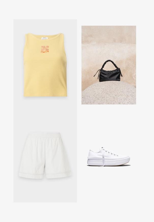 Gul ribbet tanktop med et lille, broderet blomsterlogo i orange i midten. Enkelt design uden ærmer med rund udskæring.; Hvide linned-shorts med elastisk talje, afslappet pasform og dekorativ blondekant ved kanten. Glat tekstur og afslappet design.; Hvid lavt snørestøvle med tyk plateau-sål, snørelukning foran og gummiforstærket tåkap, set i sideprofil.; Sort håndtaske med rynkede detaljer og et samlet håndtag, hvilende på en tekstureret stensfære mod en beige betonvæg.