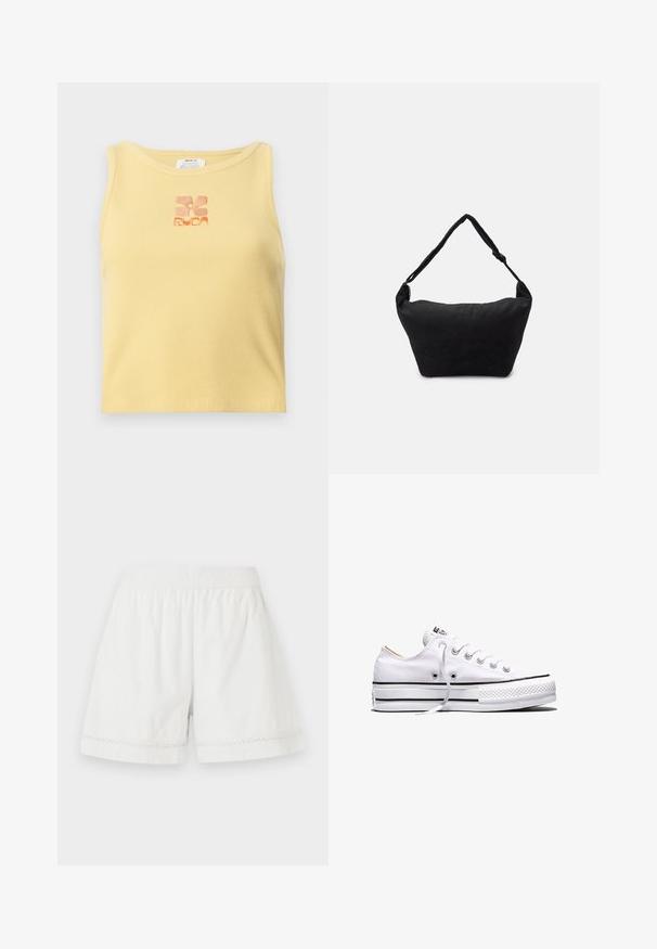 Débardeur jaune à côtes avec un petit logo floral brodé en orange au centre. Design simple, sans manches, avec un col rond.; Shorts en lin blanc avec une taille élastique, coupe décontractée et bord en dentelle décoratif à l'ourlet. Texture lisse et design décontracté.; Baskets basses en toile blanche avec lacets blancs, bandes noires sur la semelle et embout en caoutchouc texturé, vue de côté sur fond blanc.; Sac à épaule en tissu noir avec une surface texturée douce, de forme arrondie et une seule sangle. Design minimaliste sans accessoires ni quincaillerie visibles.