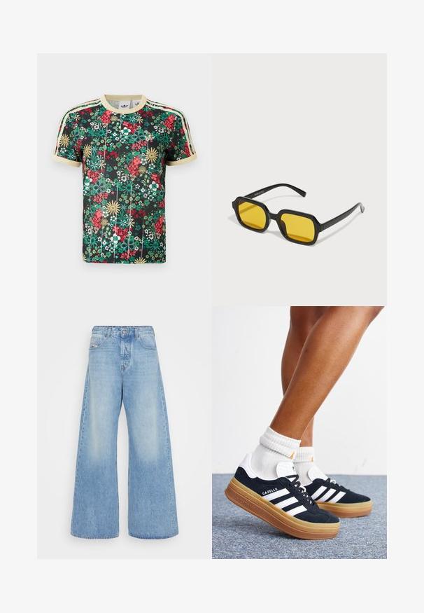 Μαύρο κοντομάνικο μπλουζάκι Adidas με πολύχρωμο floral σχέδιο, μπεζ γιακά, τελειώματα στα μανίκια και τρεις μπεζ ρίγες στους ώμους.; Ανοιχτό μπλε τζιν παντελόνι με φαρδιά γραμμή, κατασκευασμένο από ντένιμ. Διαθέτει κλασικά πέντε τσέπες, κλείσιμο με κουμπί και φθαρμένες περιοχές για μια vintage εμφάνιση.; Πόδια με λευκές κάλτσες και μαύρα αθλητικά παπούτσια Adidas Gazelle με λευκές ρίγες και χοντρές καφέ σόλες σε γκρι χαλί.; Μαύρα ορθογώνια γυαλιά ηλίου με κίτρινους φακούς. Περιλαμβάνουν χοντρές βάσεις και γωνιακό σχέδιο με ομαλή, γυαλιστερή φινίρισμα.