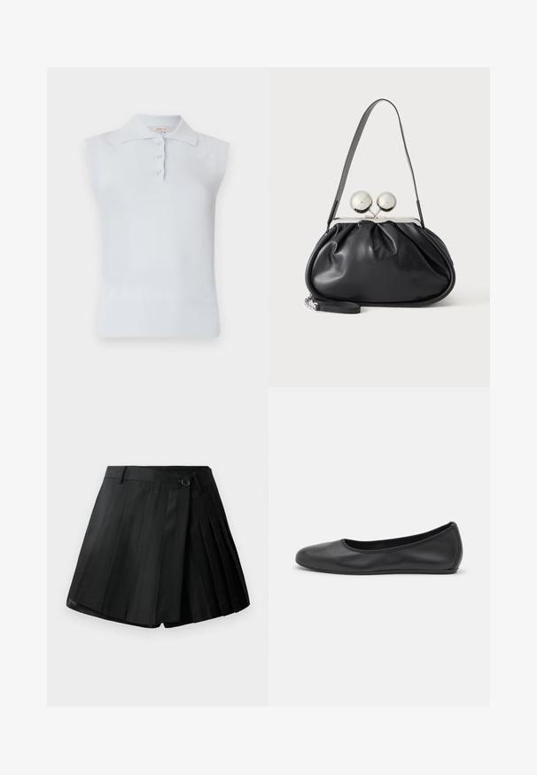 Top polo sans manches bleu clair avec un col traditionnel, patte de boutonnage à trois boutons et ourlet côtelé. Fabriqué en tissu lisse et doux.; Shorts plissés noirs avec un devant plat, fermeture à bouton et tissu léger. Détails avec des plis marqués et un ourlet net.; Ballerines en cuir noir avec un bout rond, texture lisse, détails de couture minimalistes et design de semelle flexible.; Sac à main en cuir noir avec un design plissé, une sangle unique, un cadre métallique argenté et deux grandes fermoirs ronds en argent.
