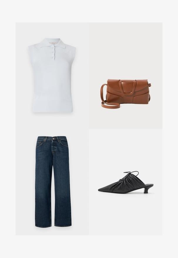 Lichtblauw mouwloos polo shirt met een traditionele kraag, drie knopen, en geribbelde zoom. Gemaakt van een gladde, zachte stof.; Donkerblauwe denim jeans met een rechte snit, vijf zakken en metalen hardware. Heeft een lichte vervaging en een schone zoom.; Zwarte leren instappers met een spitse neus, gegatherde textuur en een kleine kittenhiel. Heeft een trekkoorddetail aan de opening.; Bruine leren handtas met een strak ontwerp, voorzien van een gestructureerde flap, een opvallende sluiting en een verstelbare schouderband voor veelzijdigheid.