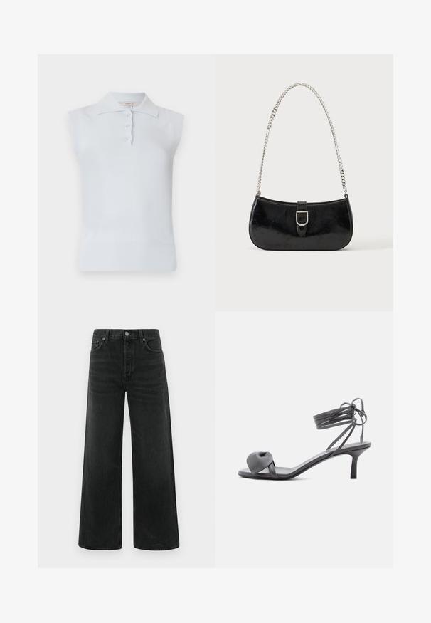Top polo sans manches bleu clair avec un col traditionnel, patte de boutonnage à trois boutons et ourlet côtelé. Fabriqué en tissu lisse et doux.; Jean en denim noir à jambes larges, taille haute, poches avant et fermeture classique par bouton. Le tissu présente une finition lisse avec une légère texture.; Sandale à talon en cuir gris avec une bride nouée sur les orteils et des lacets enroulants autour de la cheville, sur un talon moyen et fin, sur fond blanc.; Sac à épaule en cuir verni noir avec détail de boucle argentée et bandoulière en chaîne argentée, présenté sur un fond uni clair.