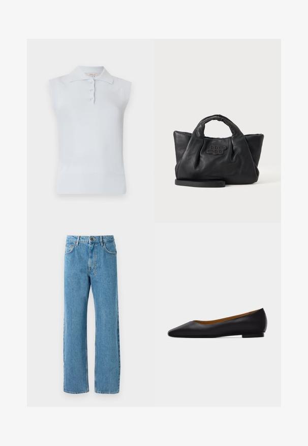 Lichtblauw mouwloos polo shirt met een traditionele kraag, drie knopen, en geribbelde zoom. Gemaakt van een gladde, zachte stof.; Lichtblauwe denim jeans met een losse pasvorm, voorzien van een hoge taille, vier zakken en een ritssluiting. Klassiek vijf-pocket ontwerp.; Zwarte leren puntschoen met lage hak en gladde afwerking, zijaanzicht op een lichtgrijze achtergrond.; Zwarte zachte leren handtas met korte handvatten, een afneembare riem en een gestikt logo aan de voorkant, op een effen lichte achtergrond.