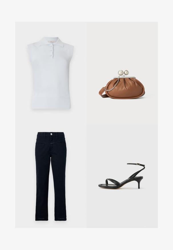 Lichtblauw mouwloos polo shirt met een traditionele kraag, drie knopen, en geribbelde zoom. Gemaakt van een gladde, zachte stof.; Navy blauwe broek gemaakt van stretchkatoen met een recht model, voorzakken en een knoopsluiting bij de taille.; Zwarte leren dames sandaal met dunne bandjes, een teengreep, een enkelgesp en een stilettohak van gemiddelde hoogte op een neutrale achtergrond.; Bruine leren clutch met een zilveren balsluiting en een klein zilveren kettingdetail op een witte achtergrond.