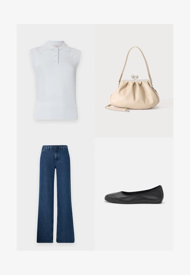 Lichtblauw mouwloos polo shirt met een traditionele kraag, drie knopen, en geribbelde zoom. Gemaakt van een gladde, zachte stof.; Blauwe denim flared jeans met een hoge taille, vijf-pocket ontwerp en metalen knoopsluiting. Gladde textuur, casual stijl en minimale stiksels.; Zwarte leren ballerina met een ronde neus, gladde textuur, minimale stikdetails en een flexibele zoolontwerp.; Beige zachte leren handtas met een zilveren metalen frame sluiting, een enkele schouderriem en een optionele kettingriem op een witte achtergrond.