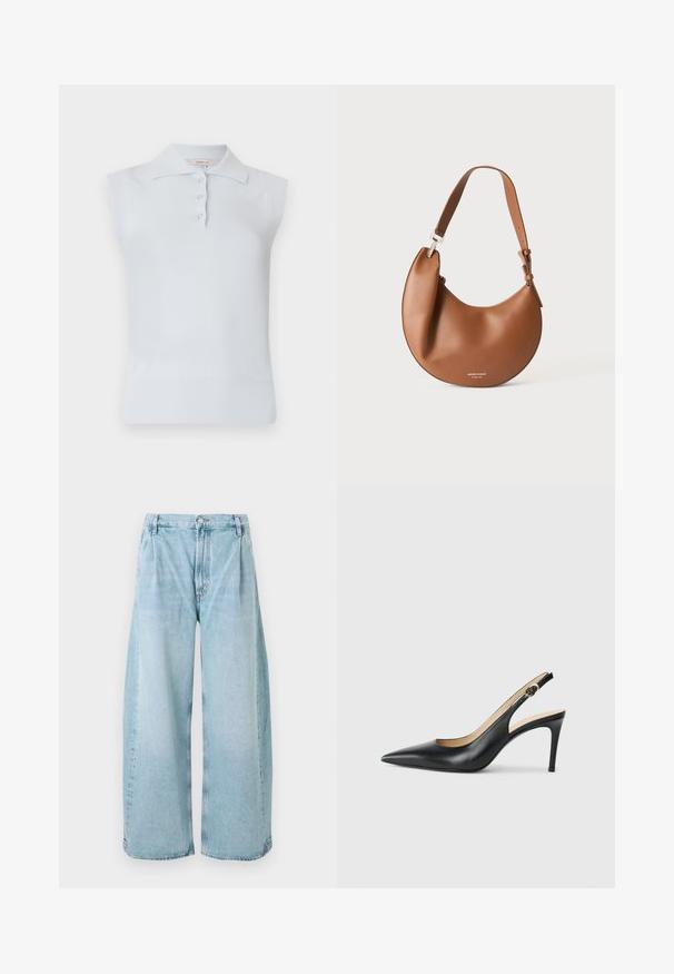 Lichtblauw mouwloos polo shirt met een traditionele kraag, drie knopen, en geribbelde zoom. Gemaakt van een gladde, zachte stof.; Lichtblauwe denimbroek met wijde pijpen, met plooien aan de voorkant, een knoopsluiting en rechte zoom, met een vervaagde textuur doorheen.; Zwarte leren slingback-hakken met een spitse neus, verstelbare band en een elegante stiletto-hak, met een gladde afwerking.; Bruine leren schoudertas in halvemaanvorm met verstelbare riem en kleine zilveren logotekst onderaan in het midden.