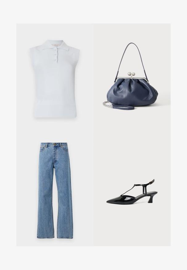 Lichtblauw mouwloos polo shirt met een traditionele kraag, drie knopen, en geribbelde zoom. Gemaakt van een gladde, zachte stof.; Lichtblauwe hoge taille straight-leg jeans met een voorknoop, rits en vijf-pocket ontwerp op een effen witte achtergrond.; Zwarte pumps van lakleer met spits toelopende neus, T-strap en lage schuine blokhak op witte achtergrond.; Zachte navyblauwe leren handtas met zilveren sluiting, enkele schouderband en afneembare ketting polsband op witte achtergrond.