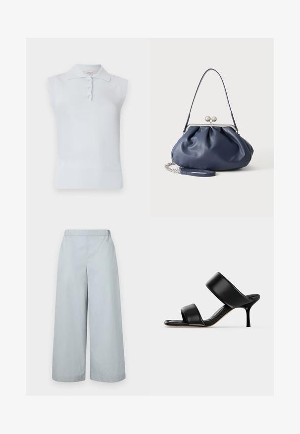 Helles blaues ärmelloses Poloshirt mit traditionellem Kragen, dreifachem Knopfverschluss und geripptem Saum. Hergestellt aus einem glatten, weichen Stoff.; MM by MaxMara ANTILLE - Stoffhose - light blue; Schwarze Leder-Mule-Sandale mit zwei breiten Riemen und einem schlanken, mittelhohen Stilettoabsatz auf einem schlichten hellen Hintergrund.; Weiche navyblaue Ledertasche mit silberner Verschlussklammer, einem einzelnen Schulterriemen und abnehmbarem Ketten-Handgelenksriemen auf weißem Hintergrund.