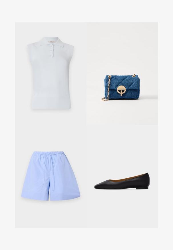 Helles blaues ärmelloses Poloshirt mit traditionellem Kragen, dreifachem Knopfverschluss und geripptem Saum. Hergestellt aus einem glatten, weichen Stoff.; Helle blaue Baumwollshorts mit einem gestreiften Muster, elastischem Bund und verstellbarem Kordelzug. Bieten eine lockere Passform und eine glatte Textur.; Schwarzer flacher Schuh aus Leder mit spitz zulaufender Vorderkappe, niedrigem Absatz und glatter Oberfläche, von der Seite vor einem hellgrauen Hintergrund dargestellt.; Vanessa Bruno MOON - Handtasche - indigo