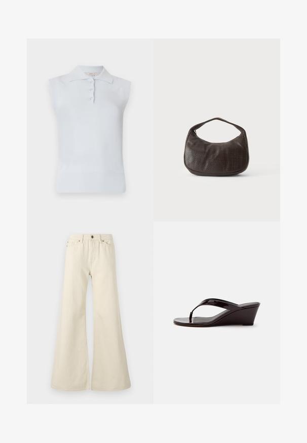 Helles blaues ärmelloses Poloshirt mit traditionellem Kragen, dreifachem Knopfverschluss und geripptem Saum. Hergestellt aus einem glatten, weichen Stoff.; Hellbeige weite Jeans aus Baumwolle. Besitzt eine hohe Taille, fünf Taschen und einen Knopfverschluss mit kontrastierenden Nahtdetails.; Braune Sandale mit Keilabsatz aus Lackleder mit Zehensteg und offenem Zehenbereich, seitlich auf einfarbigem Hintergrund gezeigt.; Kleine dunkelbraune strukturierte Handtasche mit kurzem Trageriemen und abgerundetem Boden auf schlichtem hellem Hintergrund.