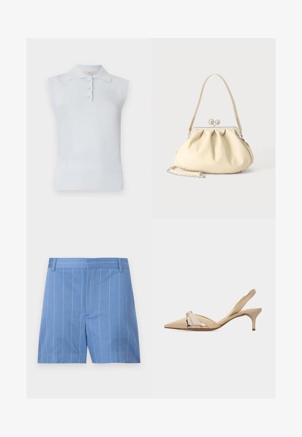 Top polo sans manches bleu clair avec un col traditionnel, patte de boutonnage à trois boutons et ourlet côtelé. Fabriqué en tissu lisse et doux.; Shorts bleu clair avec des rayures verticales blanches, présentant une texture lisse, un devant plat et une taille standard avec des passants de ceinture.; Chaussure beige à bouts pointus avec bride arrière, talon kitten bas et fin, et nœud décoratif sur la tige.; Sac à main en cuir souple couleur crème avec un design froncé, fermoir cadre argenté, poignée courte et bandoulière chaîne amovible.