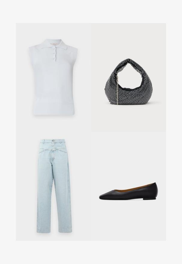 Lichtblauw mouwloos polo shirt met een traditionele kraag, drie knopen, en geribbelde zoom. Gemaakt van een gladde, zachte stof.; Lichtblauwe high-waisted jeans met een recht gesneden ontwerp, voorzien van subtiele stiksels, twee vo pockets en een metalen knoopsluiting.; Zwarte leren puntschoen met lage hak en gladde afwerking, zijaanzicht op een lichtgrijze achtergrond.; Zwarte mesh handtas versierd met zilveren studs, met een gebogen handvat en een kettingschouderriem. Zachte textuur met een ronde vorm.