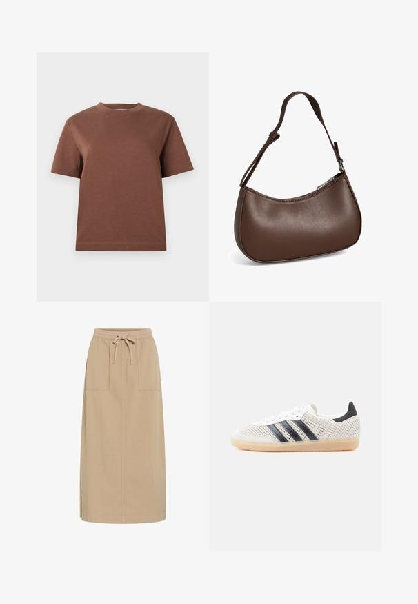 Brun bomulds T-shirt med rund hals, korte ærmer og en afslappet pasform. Glat tekstur uden synlige mønstre eller pynt.; Beige bomuldsnederdel med snoreliv, to sidelommer, lige pasform og sideslidser for nem bevægelse. Glat tekstur.; Hvide mesh-sneakers med sort tre-stribet design, rundet tå og gummisål. Har blød hælkant og snørelukning.; Lille brun skuldertaske i læder med justerbar rem og lynlåslukning, vist mod hvid baggrund. Ingen synligt branding eller dekorationer.
