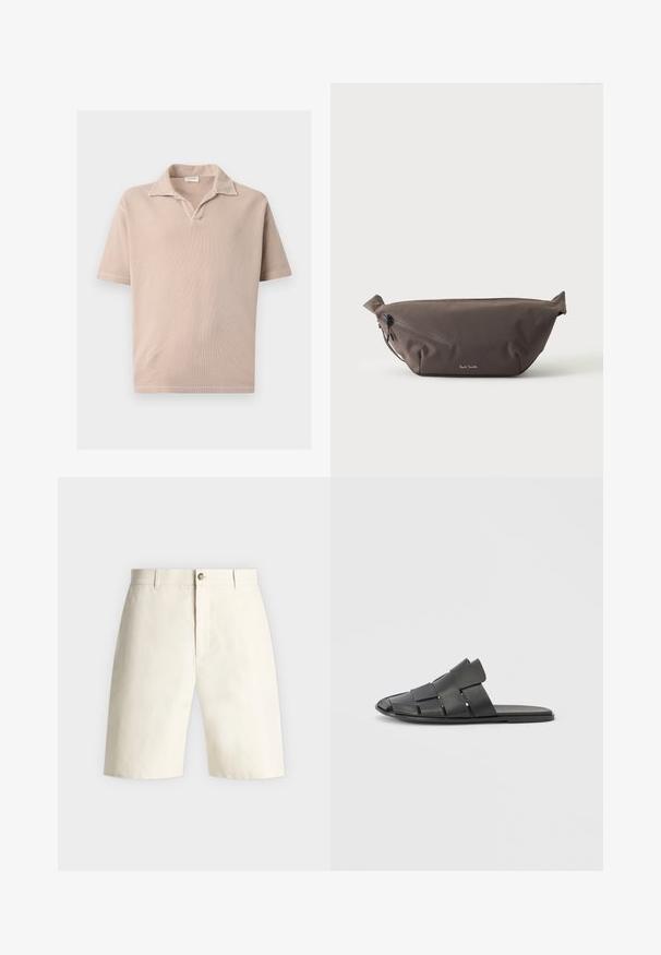 Polo beige à manches courtes avec tissu texturé et col ouvert, présenté sur un fond blanc uni.; Shorts couleur crème longueur genou avec passants de ceinture, un bouton devant et une fermeture éclair cachée sur un fond uni.; Sandale noire à enfiler avec dessus en cuir tressé, conception à bout ouvert et semelle plate. Caractéristiques : texture lisse et esthétique minimaliste.; Sac banane en tissu marron foncé avec poche zippée en diagonale et petit logo blanc sur le devant, sur un fond clair uni.