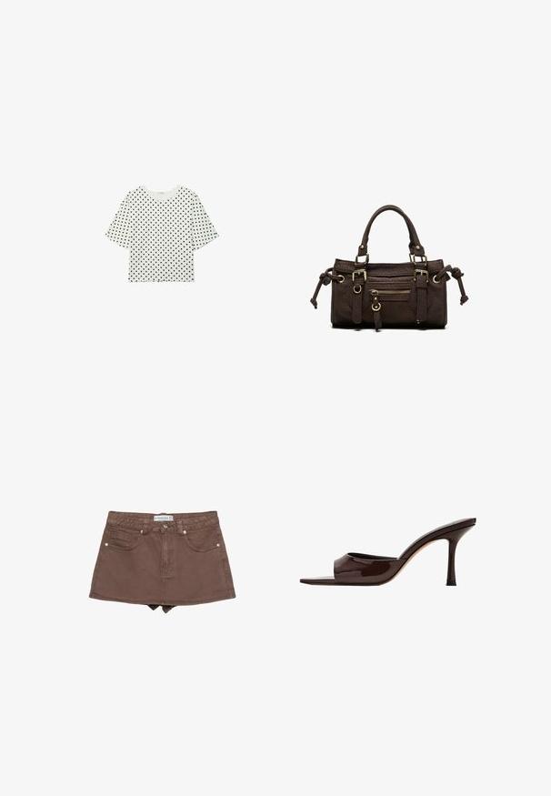 Haut court à manches courtes blanc avec des pois noirs et un col rond.; Jupe en denim marron mini avec une taille ajustée, un design à cinq poches, une fermeture à bouton à l'avant et une longueur juste au-dessus de la cuisse.; Mule en cuir verni marron foncé, à bout ouvert, avec une large bride et un talon haut fin sur fond blanc.; Sac à main en cuir marron foncé avec double poignée, poche avant zippée, boucles décoratives et nœuds latéraux sur fond blanc.