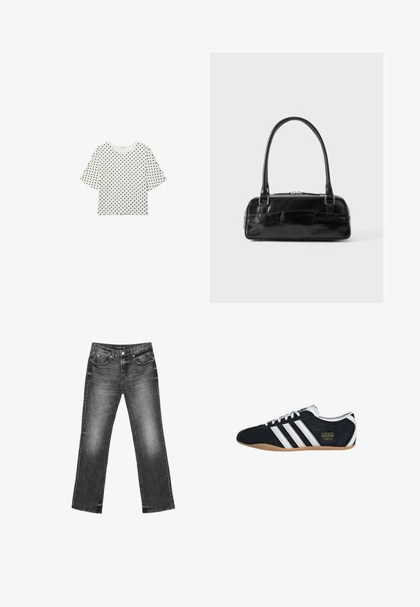 Witte cropped top met korte mouwen, zwarte polka dots en een ronde halslijn.; Zwarte denim jeans met een recht model, vervaagde textuur en vijf zakken. Beschikt over riemlussen en een ritssluiting.; Zwarte suède sneaker met witte drie strepen, gouden logo en een bruine rubberen zool. Heeft een laag profiel vetersluiting ontwerp.; Zwarte leren handtas met een rechthoekige vorm, voorzien van een enkele gestructureerde handgreep, zilveren hardware en ritsluiting. Gladde textuur.