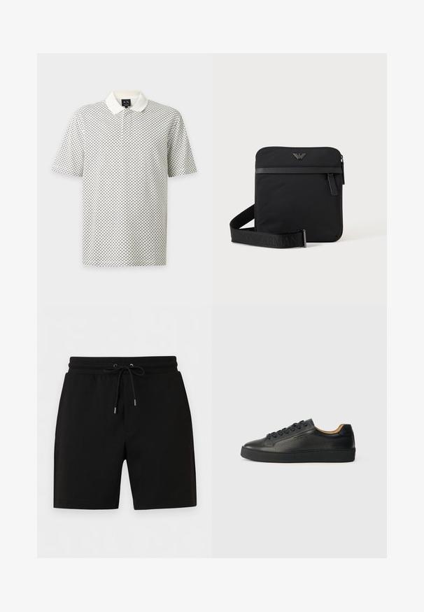 Polo blanc à manches courtes avec un petit motif noir "AX" en all-over et un col blanc uni sur un fond uni.; Shorts noirs décontractés avec une ceinture élastique et un cordon de serrage réglable, dotés de poches latérales et d'un ourlet droit.; Baskets basses en cuir noir avec surface texturée, lacets noirs et semelle en caoutchouc épaisse, présentées de côté sur un fond clair.; Sac bandoulière carré noir avec fermeture éclair, poche avant et sangle réglable avec nom de marque embossé.