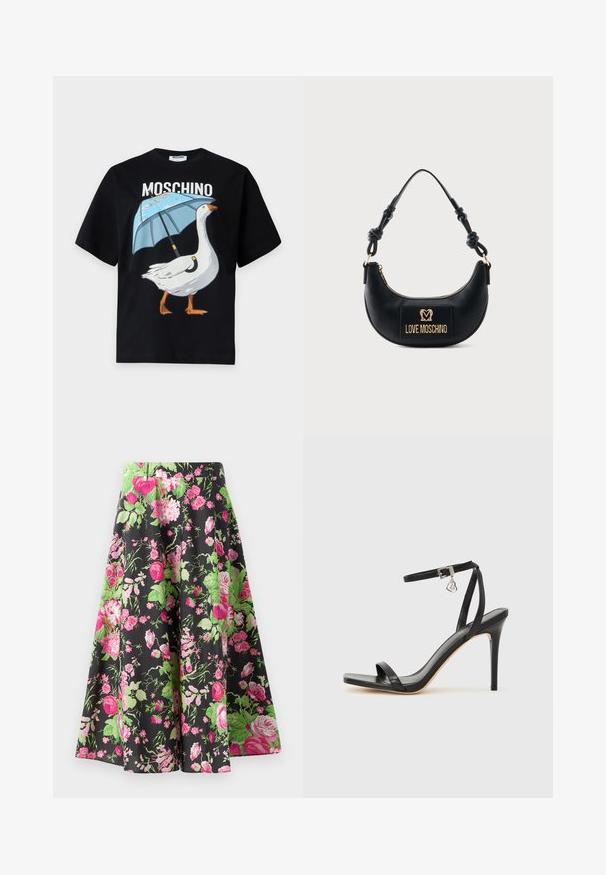 Sort Moschino T-shirt med en grafik af en hvid gås, der holder en blå paraply, og brandnavnet ovenover.; Blomstret nederdel med sort baggrund, der har store lyserøde roser og grønne blade, lavet af letvægtsstof, med en udvidet form, knælængde.; Sort hæl-sandal med smal ankrem, firkantet tå-boks, glat lædermateriale og metalspænde som pynt.; Sort halvmåneformet håndtaske med knyttet håndtag og guld "Love Moschino" logo plaque foran, lynlåslukning øverst.